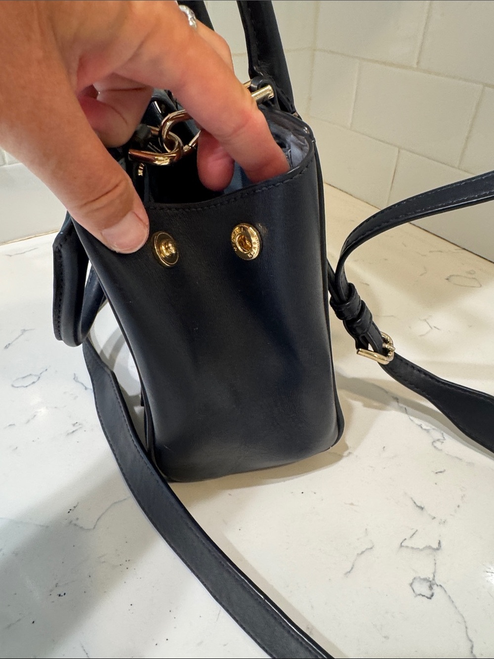 Michael Kors Navy Leather Satchel with Gold Hardware - Picture 11 of 16